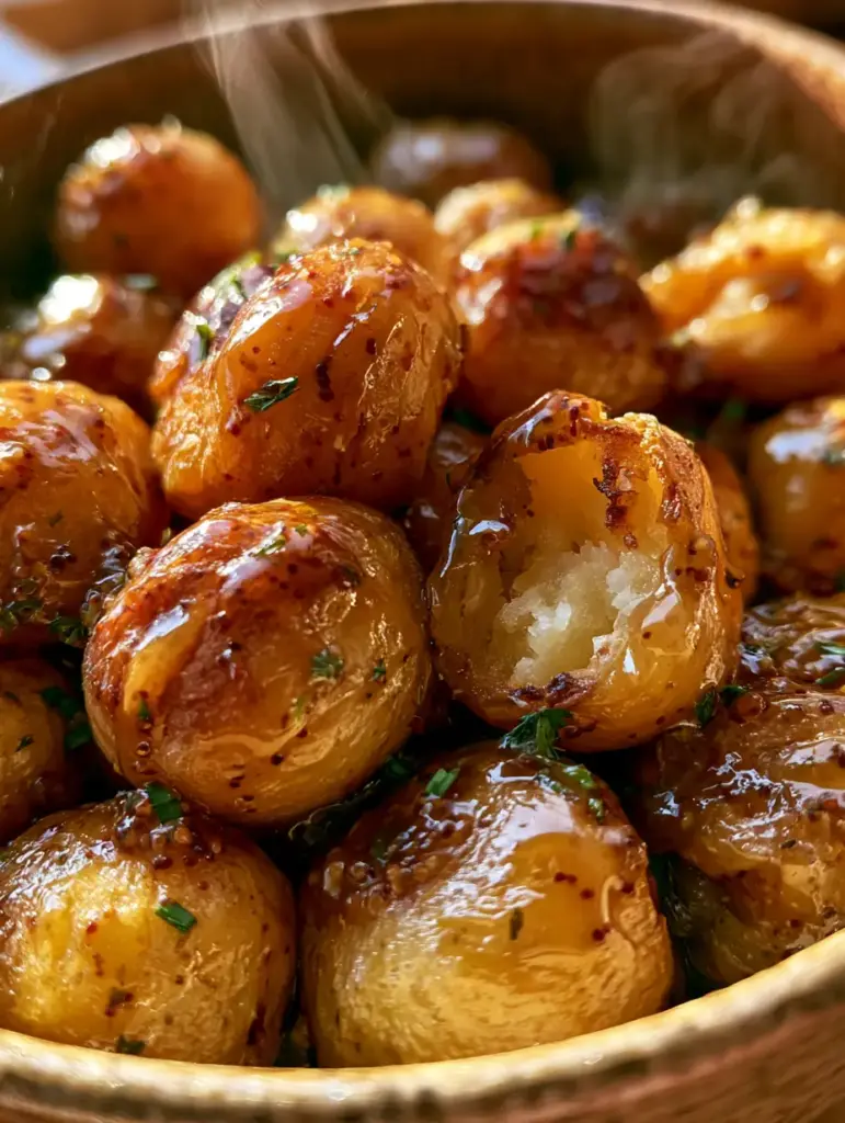 Patatas baby recién salidas del horno mezcladas con mantequilla de mostaza y hojuelas de chile.