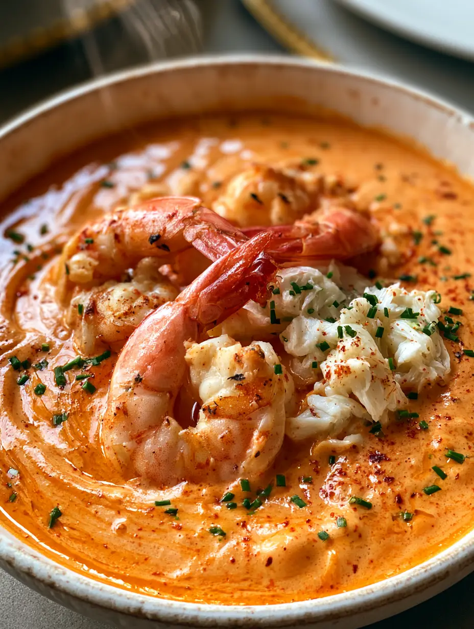 Bisquet cangrejo y camarones: La guía definitiva para una crema de mariscos gourmet 4 Vista cenital de bisquet cangrejo y camarones humeante con trozos grandes de marisco.