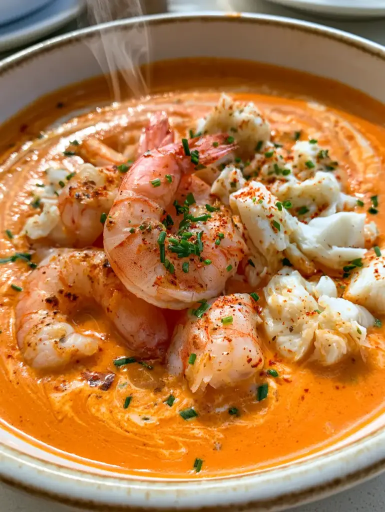 Bisquet cangrejo y camarones: La guía definitiva para una crema de mariscos gourmet 1 Detalle de los camarones perfectamente sellados y carne de cangrejo en el bisquet.