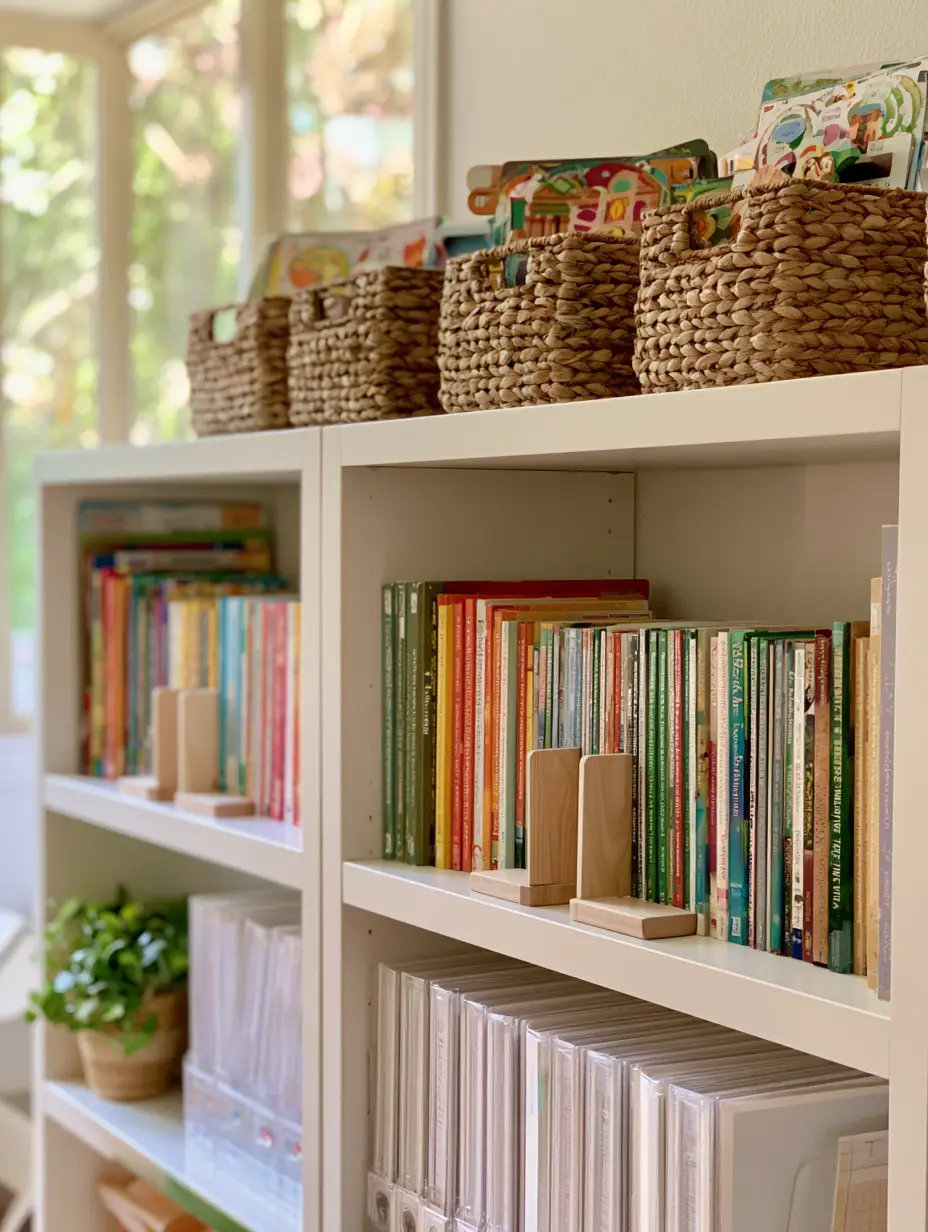 Primer plano de libros coloridos de currículum sonlight y cestas de mimbre en estantes teal.
