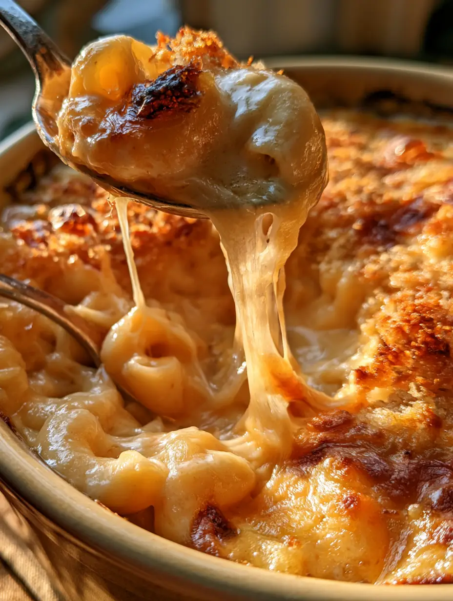 Macarrones con queso dorados en una fuente de cerámica rústica con topping de pan rallado crujiente. (macarrones con queso)