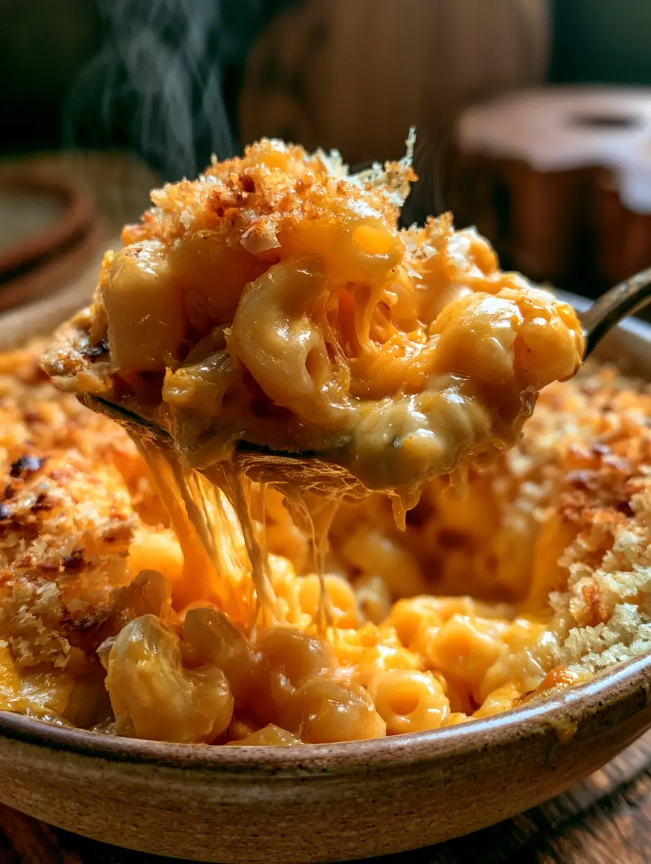 Cuchara levantando macarrones con queso mostrando un estiramiento elástico de queso fundido. (macarrones con queso)