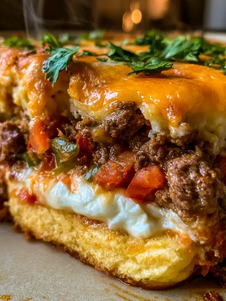 Primer plano de queso cheddar burbujeante sobre carne sazonada en una cazuela john wayne.