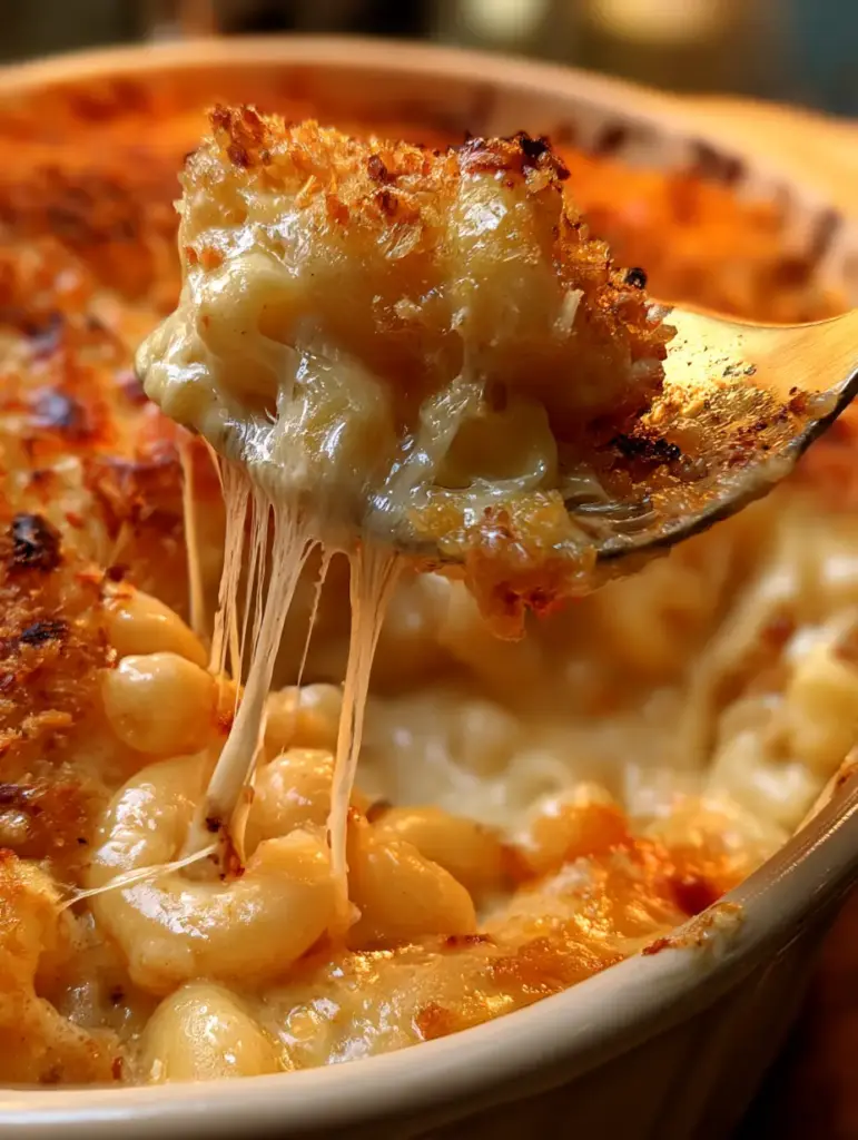 Detalle de la salsa de queso brillante envolviendo los macarrones de codo perfectamente cocidos.