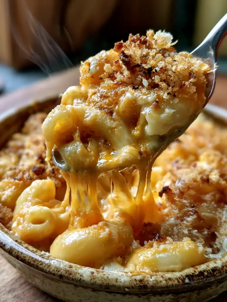 Textura detallada de macarrones con queso al horno con topping de pan rallado crujiente y mantequilla.