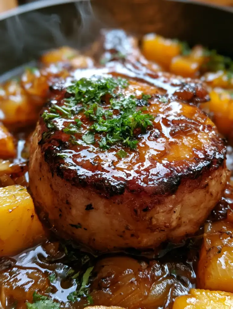 Chuletas cerdo piña jengibre: La Guía Definitiva para un Glaseado Caramelizado Perfecto 1 Chuletas cerdo piña jengibre servidas con cebollas translúcidas y perejil fresco espolvoreado.
