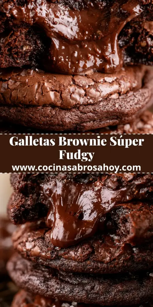Primer plano de una torre de tres galletas brownie con centro melcochoso y sal marina en escamas.