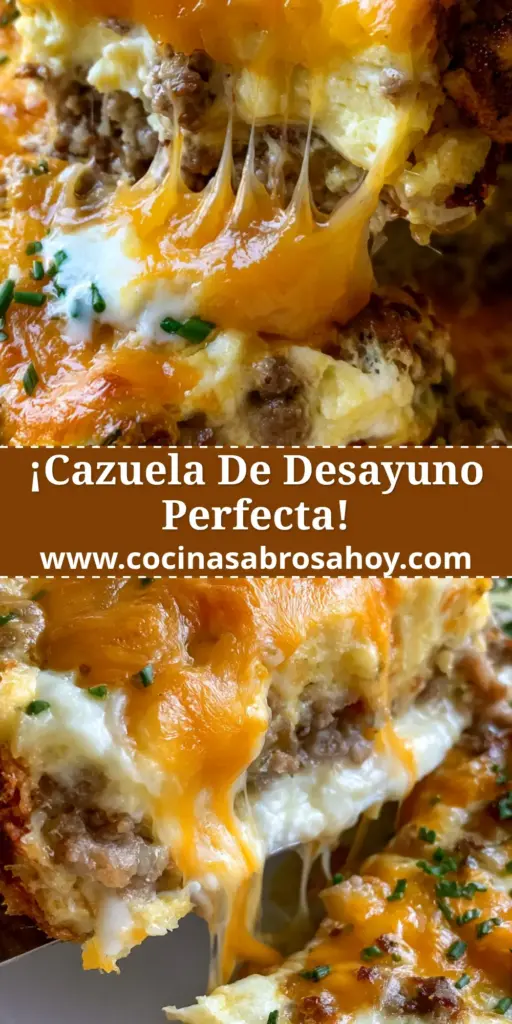 Primer plano de una porción de cazuela de papa rallada siendo levantada con una espátula mostrando capas de huevo, salchicha y queso cheddar.
