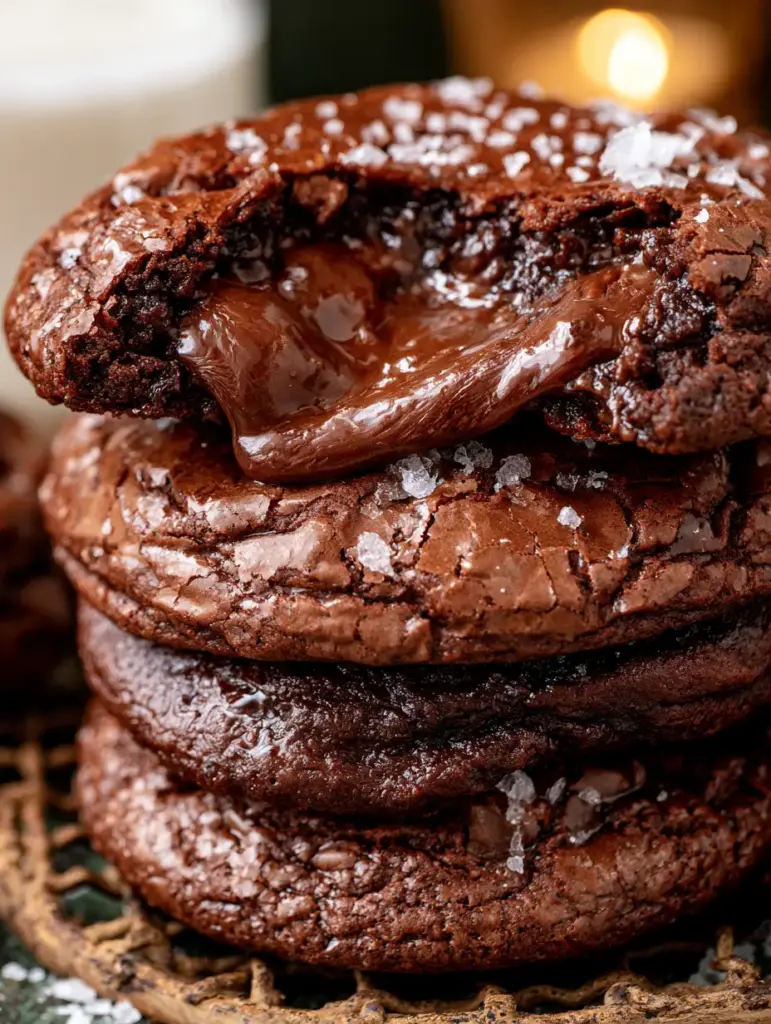 Galleta brownie partida por la mitad mostrando el centro de chocolate fundido y melcochoso.