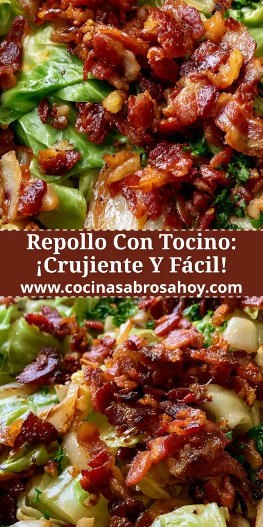 Plato de repollo frito con tocino crujiente y perejil fresco en una sartén rústica.