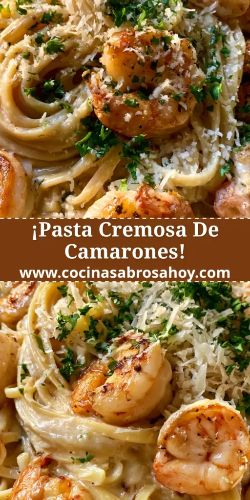 Primer plano de un tazón de pasta camarones al ajillo con salsa cremosa, parmesano y perejil fresco.