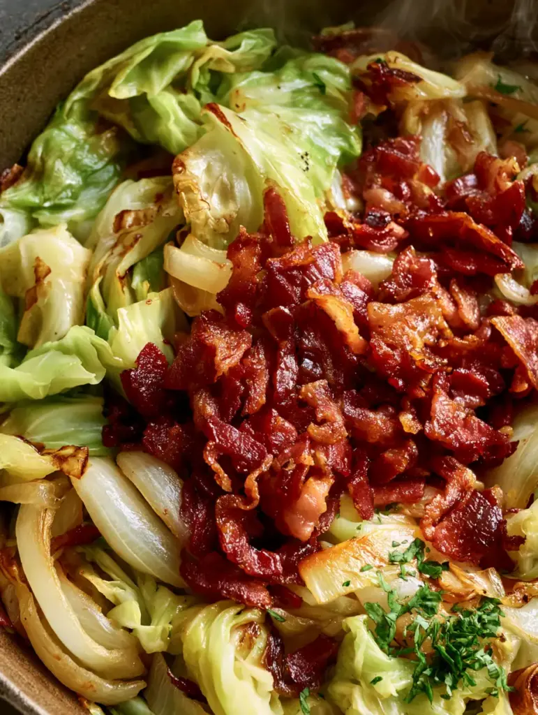 Sartén de hierro con repollo caramelizado, cebollas y abundante tocino.