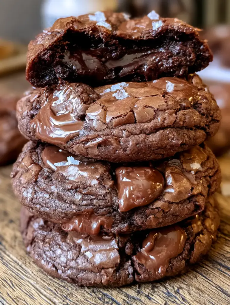 Brownie cookies: La receta definitiva para un centro fundido y superficie craquelada 1 Detalle macro de una brownie cookie con escamas de sal marina brillando bajo la luz cálida.