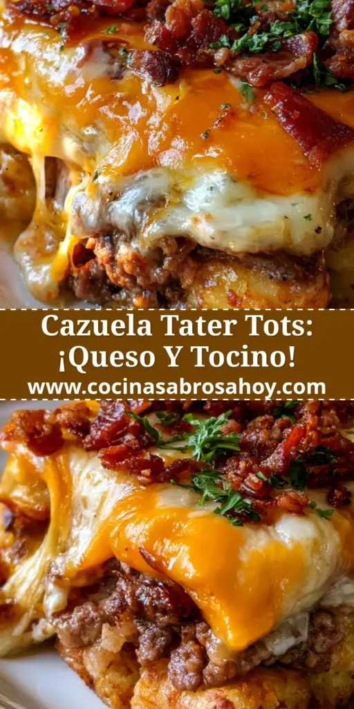 Primer plano de una cazuela de tater tots estilo bacon cheeseburger sobre una mesa de madera rústica con capas visibles de patata, carne y queso derretido.