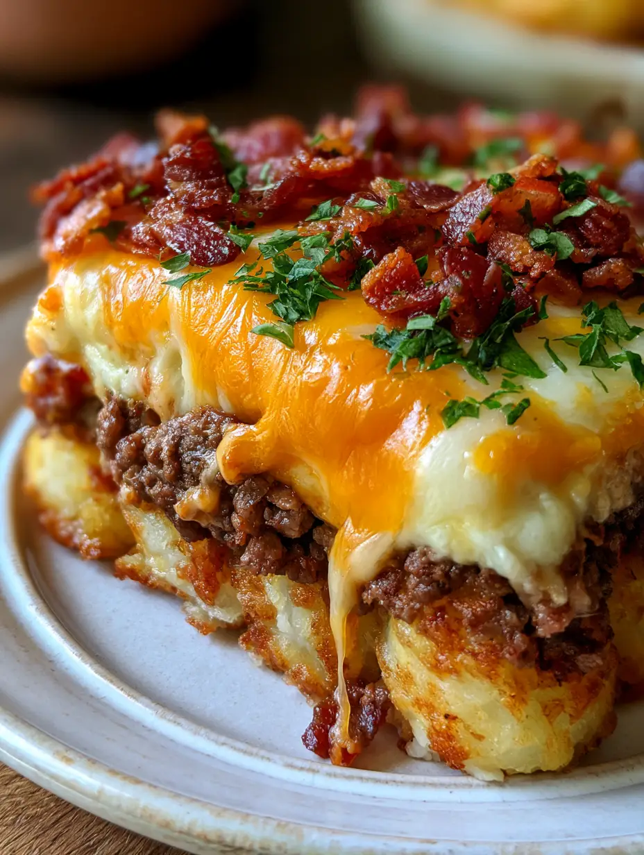 Fotografía detallada de la cazuela de tater tots mostrando los hilos de queso estirándose y la textura crujiente de las patatas.
