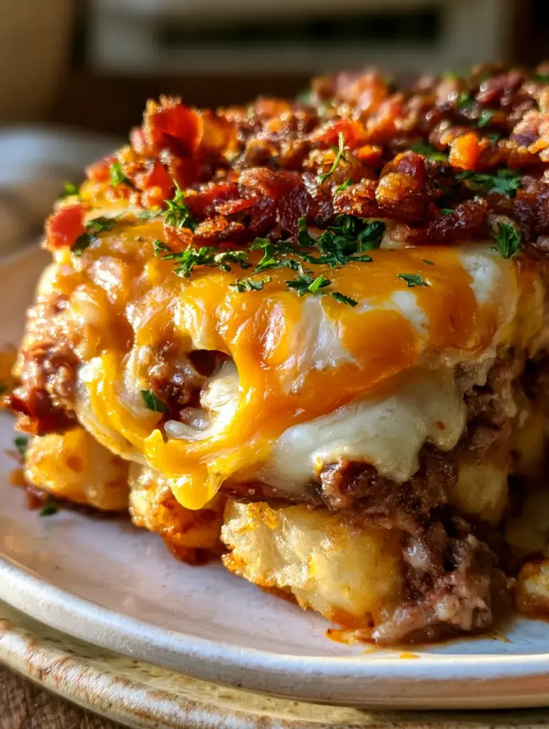 Corte transversal de la cazuela de tater tots resaltando las capas de carne sazonada, queso y el topping de tocino y perejil.
