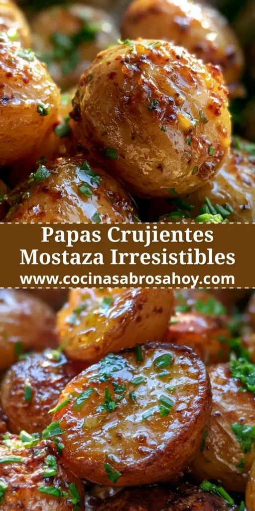 Primer plano de papas a la mostaza doradas y crujientes con granos de mostaza visibles y cebollín fresco en un tazón blanco.