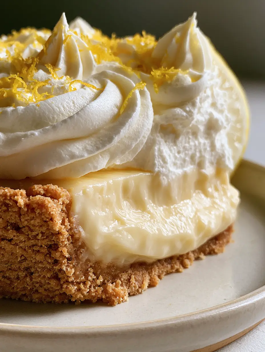 Primer plano de una tarta helada de limonada mostrando la textura suave del queso crema y la base de galleta crujiente.