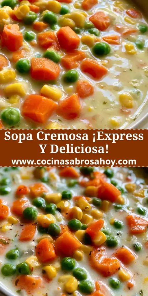 Tazón gris de sopa de verduras cremosa con zanahorias, maíz y guisantes sobre mesa de madera. (sopa de verduras)