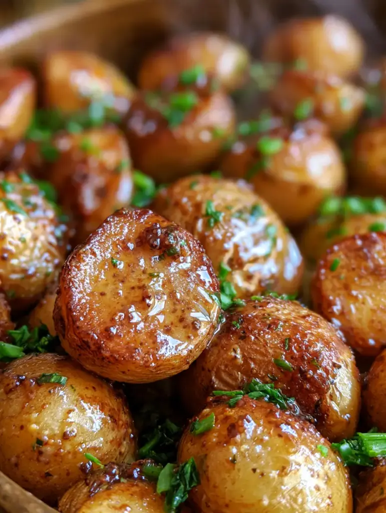 Cerrado de papas a la mostaza mostrando las semillas de mostaza en grano y el cebollín picado.