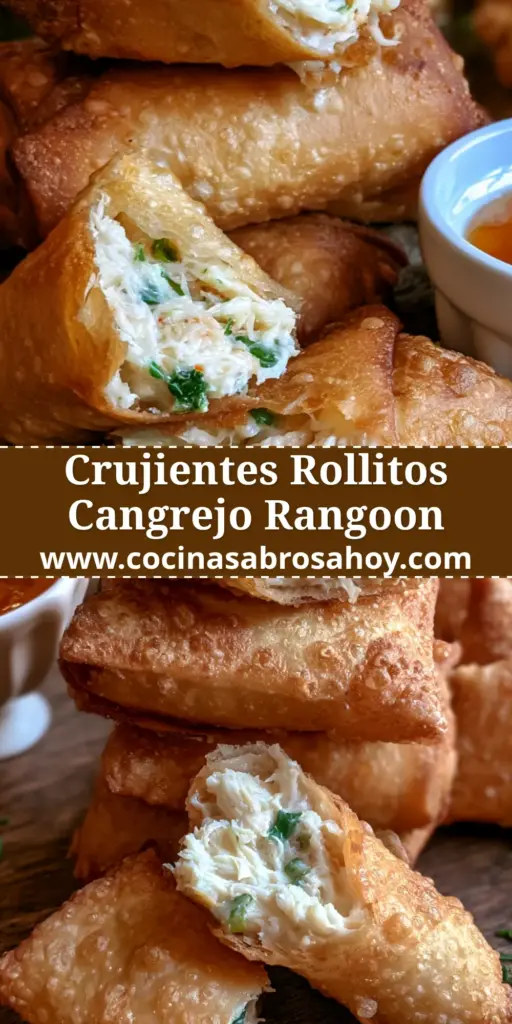 Primer plano de un rollito de cangrejo crujiente con textura burbujeante y relleno cremoso de queso sobre madera. (rollitos de cangrejo)