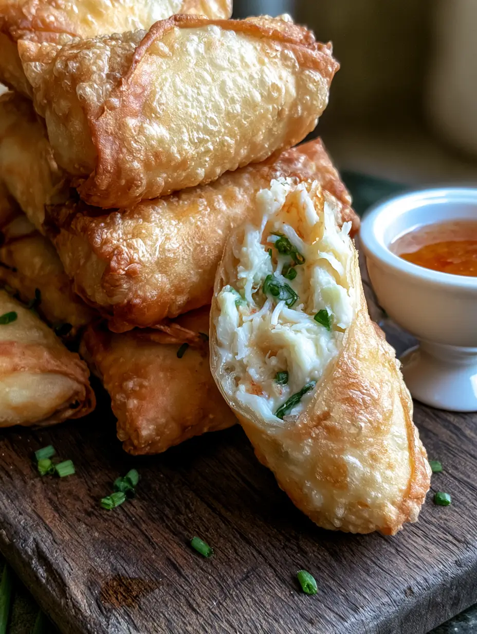 Corte transversal de rollitos de cangrejo mostrando el relleno blanco de queso crema y trozos de cebollino. (rollitos de cangrejo)