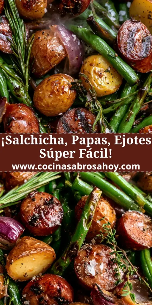 Salchicha y papas asadas: La cena perfecta en una sola bandeja 4 Primer plano de una bandeja de salchicha y papas asadas con ejotes y romero fresco.