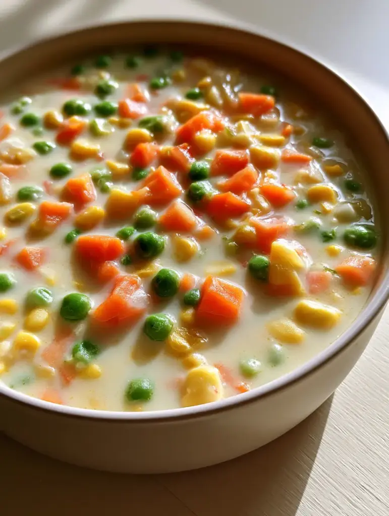 Detalle de los trozos de zanahoria y maíz en una sopa de verduras rica y espesa.