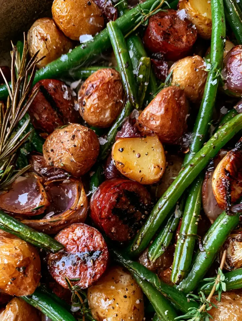 Salchicha y papas asadas: La cena perfecta en una sola bandeja 2 Vista superior de salchicha ahumada dorada y papas baby asadas en una bandeja rústica. (salchicha y papas asadas)