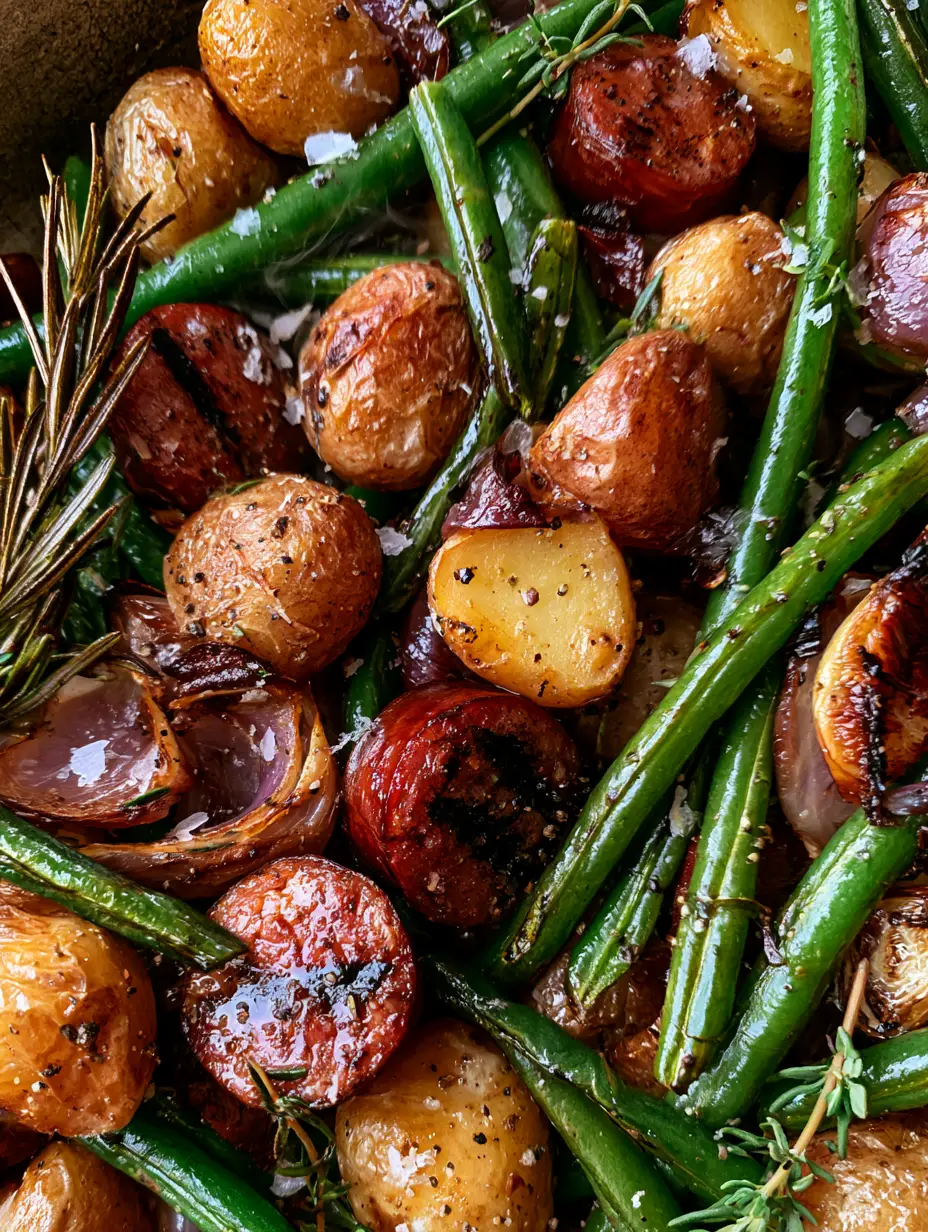 Salchicha y papas asadas: La cena perfecta en una sola bandeja 3 Vista superior de salchicha ahumada dorada y papas baby asadas en una bandeja rústica. (salchicha y papas asadas)