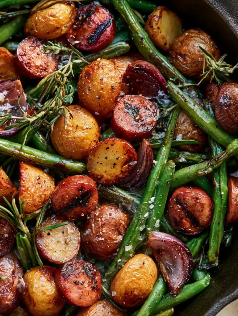 Salchicha y papas asadas: La cena perfecta en una sola bandeja 1 Detalle de ejotes ligeramente carbonizados y cebolla roja caramelizada en una receta de salchicha y papas asadas.