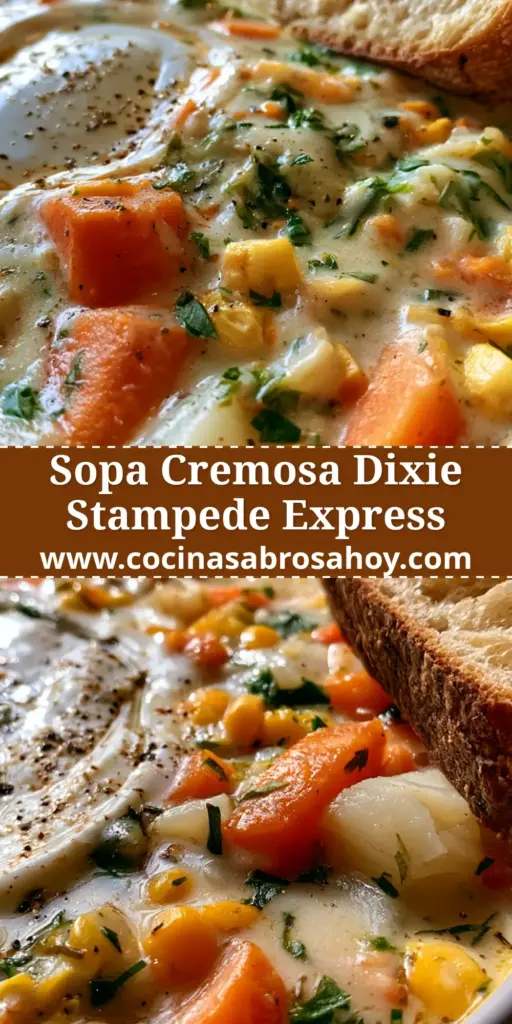 Primer plano de un bol de sopa de verduras cremosa con remolino de nata y perejil fresco en una mesa de madera rústica.