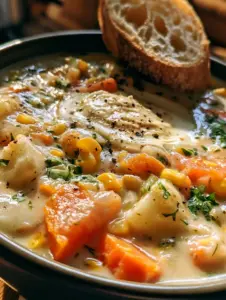 Vista aérea de sopa de verduras con zanahorias, patatas y guisantes en un caldo blanco aterciopelado.