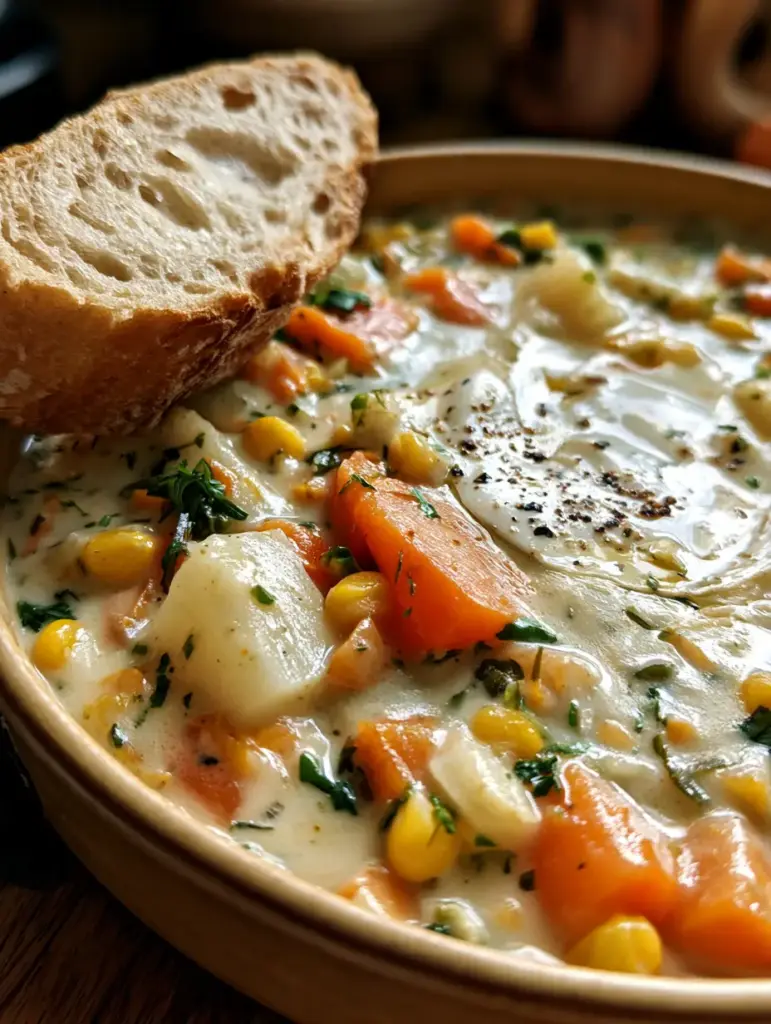 Bol de sopa de verduras humeante al lado de una rebanada de pan artesano crujiente sobre madera oscura.