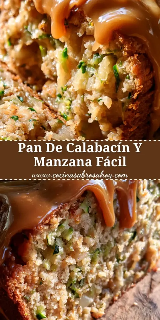 Varias rebanadas de pan de manzana y calabacín con glaseado de azúcar morena cayendo por los lados sobre una tabla de madera.