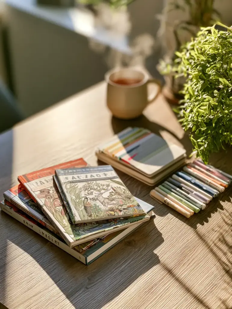 Flat lay de libros educativos ilustrados por Julia Rothman rodeados de pinceles y piedras. (libros de julia rothman)