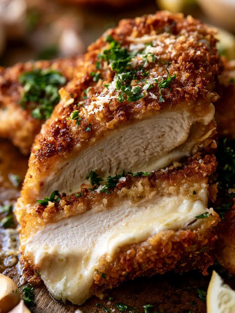 Primer plano de la costra dorada de pan rallado y ajo del pollo con parmesano. (pollo con parmesano)