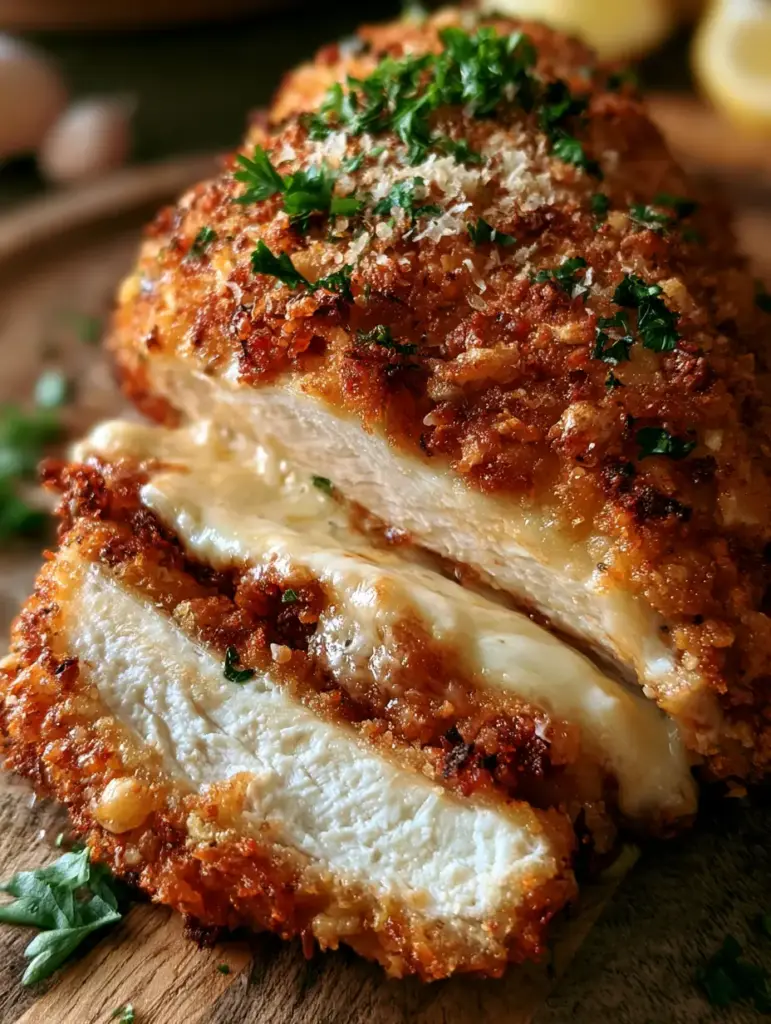 Pechuga de pollo entera horneada con parmesano y perejil fresco.