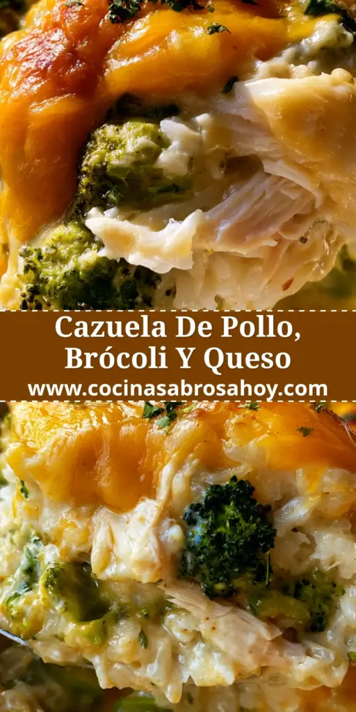 Primer plano de una cazuela de pollo con brócoli y arroz, con queso cheddar y mozzarella burbujeante y dorado en una fuente rústica.