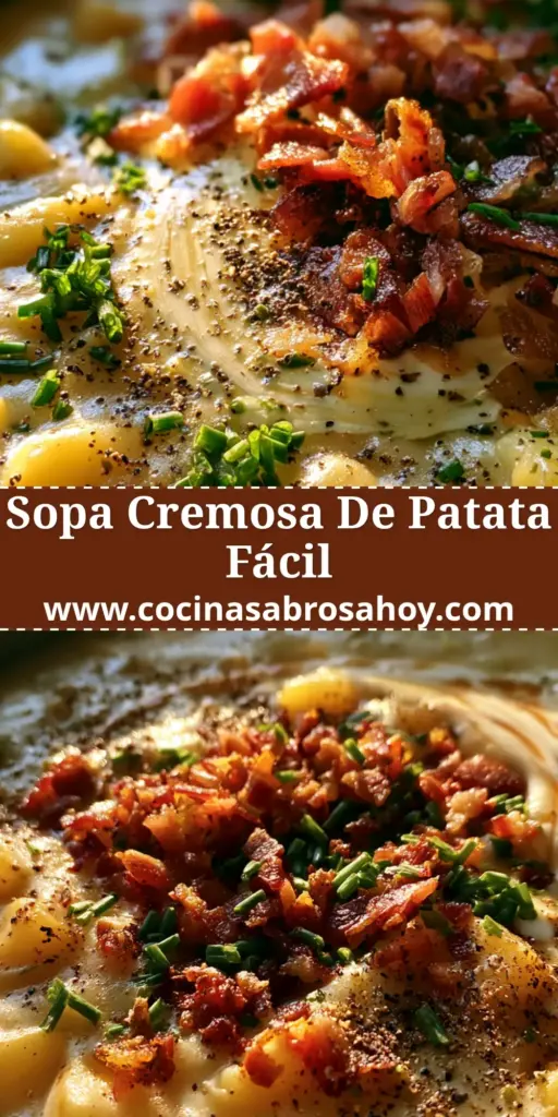 Primer plano de un tazón de sopa de patata con vapor, tocino crujiente, cebollino y un remolino de crema.