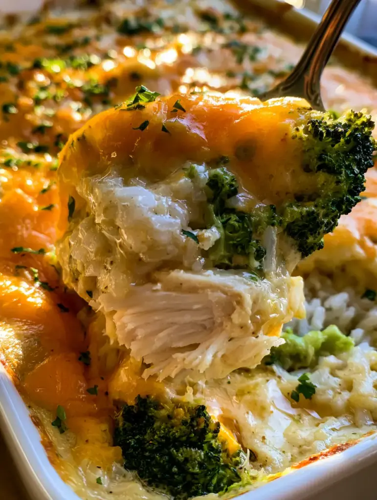 Vista superior de la cazuela de pollo mostrando la costra de queso mozzarella y cheddar con perejil fresco.