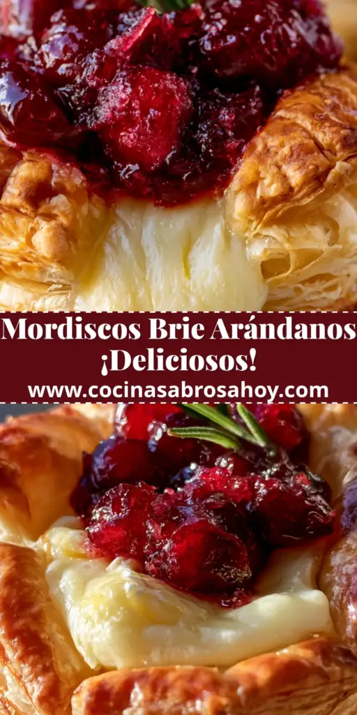 Primer plano cenital de mordiscos de brie con hojaldre crujiente, queso fundido y salsa de arándanos rojos sobre tabla de madera rústica.