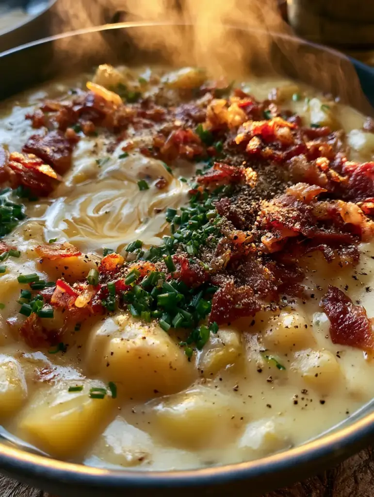 Detalle de los ingredientes de la sopa de patata, incluyendo cebollino y pimienta negra sobre crema.