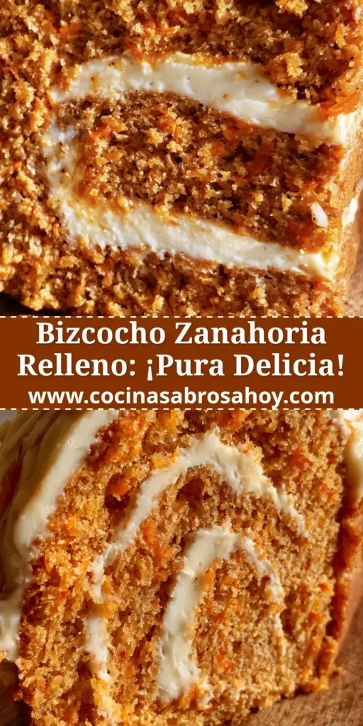 Corte transversal de un pan de zanahoria con un remolino grueso de crema de queso y trozos de nueces visibles.