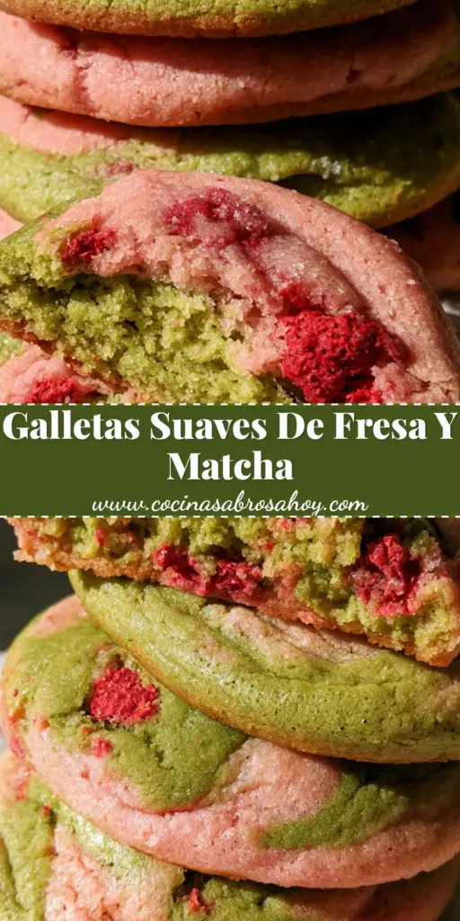 Pila de galletas de fresa matcha con remolinos verde y rosa sobre un mantel de lino con luz natural.