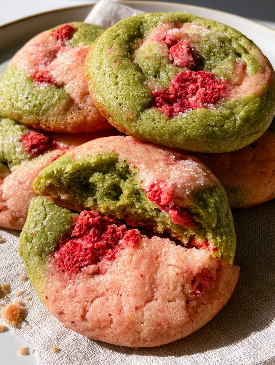 Primer plano de galletas de fresa matcha mostrando los trozos de fruta liofilizada y el azúcar brillante.