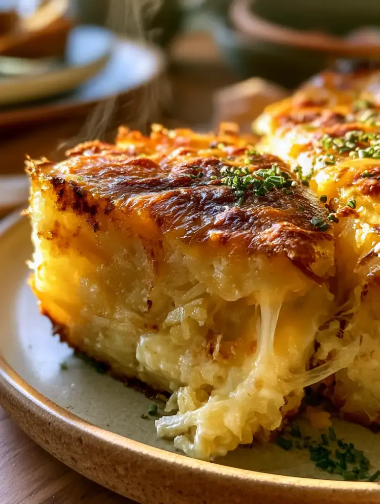 Corte cuadrado de cazuela de hashbrowns mostrando capas cremosas y costra de queso dorada. (cazuela de hashbrowns)