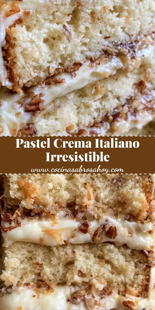 Pastel de crema italiano: La receta definitiva de tres capas con coco y nueces 4 Rebanada de pastel de crema italiano con tres capas de bizcocho amarillo, abundante coco y nueces pecán sobre un fondo minimalista.