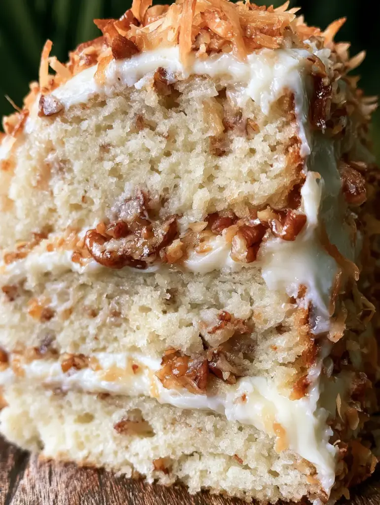 Pastel de crema italiano: La receta definitiva de tres capas con coco y nueces 2 Primer plano detallado de una rebanada de pastel de crema italiano mostrando la textura húmeda del bizcocho y el frosting cremoso.