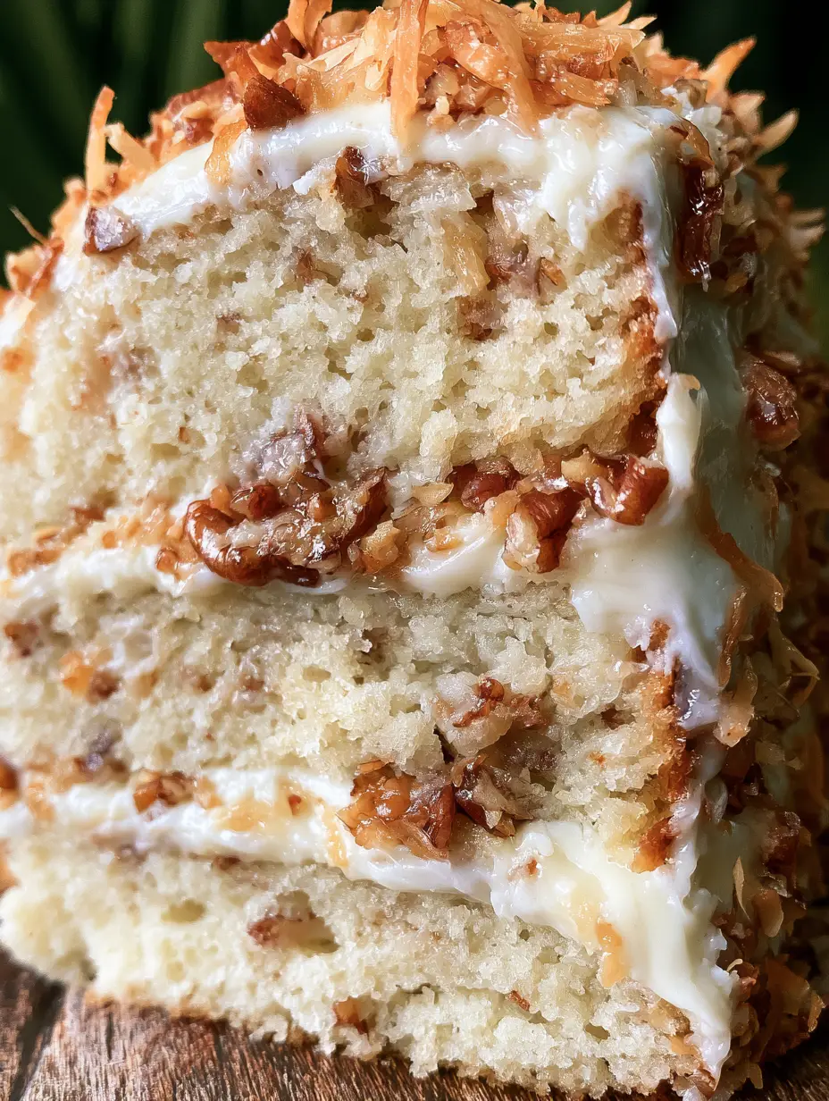 Pastel de crema italiano: La receta definitiva de tres capas con coco y nueces 3 Primer plano detallado de una rebanada de pastel de crema italiano mostrando la textura húmeda del bizcocho y el frosting cremoso.